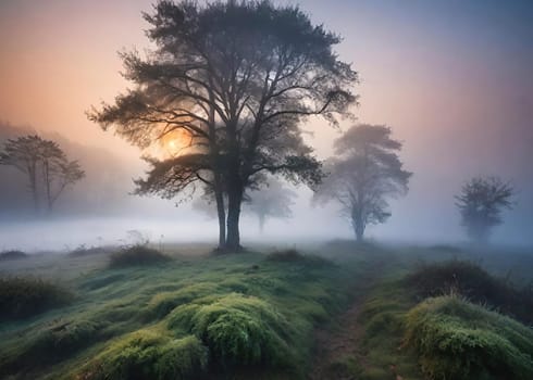 Beautiful landscape image of a misty sunrise over a tree in the countryside.Sunrise in a misty forest in the autumn.Foggy misty forest in the morning.A misty sunrise over a stream flowing through a forest in autumn.