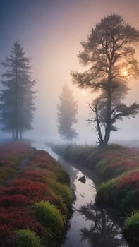 Beautiful landscape image of a misty sunrise over a tree in the countryside.Sunrise in a misty forest in the autumn.Foggy misty forest in the morning.A misty sunrise over a stream flowing through a forest in autumn.