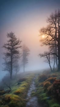 Beautiful landscape image of a misty sunrise over a tree in the countryside.Sunrise in a misty forest in the autumn.Foggy misty forest in the morning.A misty sunrise over a stream flowing through a forest in autumn.