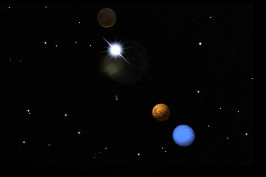 Planets of the solar system in space against the starry sky.Planets of the Solar System in the Universe. 3D rendering