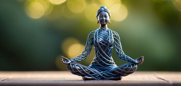 Woman in yoga pose, bent wire figure on nature backdrop, Creative figures symbol of tranquility, art and serenity intersection