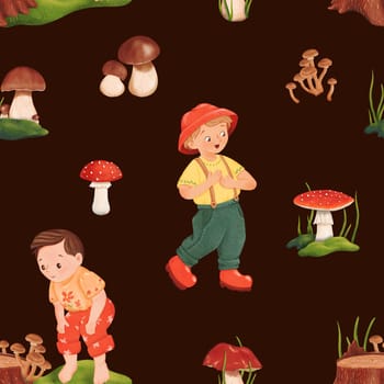 Seamless woodland pattern with little mushroom pickers. Forest glade. A dream for mushroom enthusiasts. Edible penny bun and delicious porcini. Dangerous and poisonous fly agaric. Autumnal watercolor.