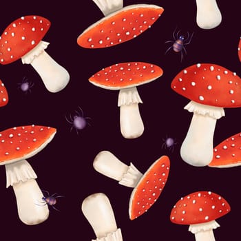 watercolor seamless pattern. poisonous fly agaric mushrooms with spiders, forest fungi. for textiles, kitchen decor, children's wallpapers, stationery, covers, and wrapping paper. Halloween atmosphere.