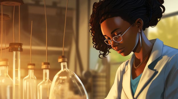 Doctor woman dark-skinned African American in her office and medical modern laboratory where people are undergoing examination of their health. Hospital, medicine, doctor and pharmaceutical company, healthcare and health insurance.