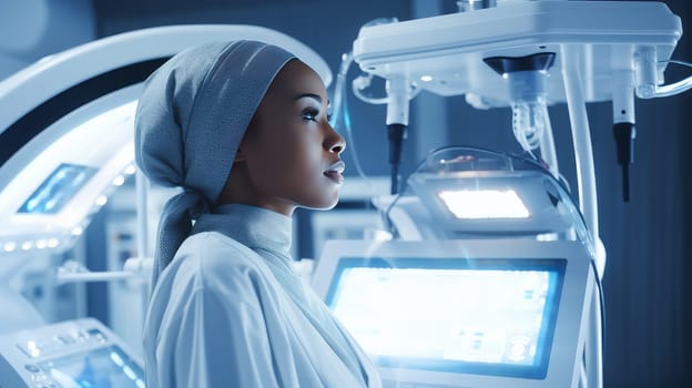 A dark-skinned African-American woman in a modern medical room with modern equipment, where a person undergoes an examination of his health under insurance. Hospital, medicine, doctor and pharmaceutical company, healthcare and health insurance.