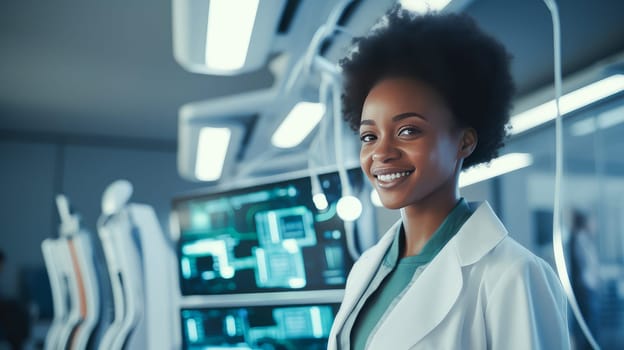 A dark-skinned African American woman in a medical modern bright hospital with modern equipment, where a person undergoes an examination health under insurance. Hospital, medicine, doctor and pharmaceutical company, healthcare and health insurance.