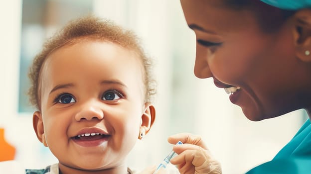 A small dark-skinned African-American child at an appointment with a doctor in a modern, bright medical ward of a hospital with modern equipment and new technologies. Hospital, medicine, doctor and pharmaceutical company, healthcare and health insurance.