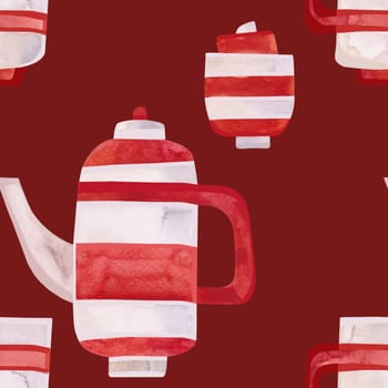 Watercolor seamless pattern with old-fashioned teapots and cups in red and white stripes. Pattern for seasonal wrapping paper, fabric, textiles, tablecloths and curtains in a tea cafe or coffee shop