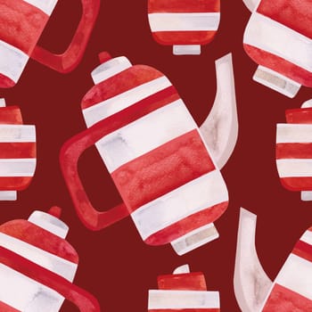 Watercolor seamless pattern with old-fashioned teapots and cups in red and white stripes. Pattern for seasonal wrapping paper, fabric, textiles, tablecloths and curtains in a tea cafe or coffee shop