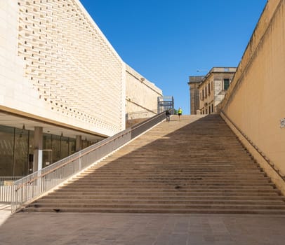 Valletta, Malta, April 03, 2024.  view of the grand staircase next to the Maltese parliament building in the center of the city