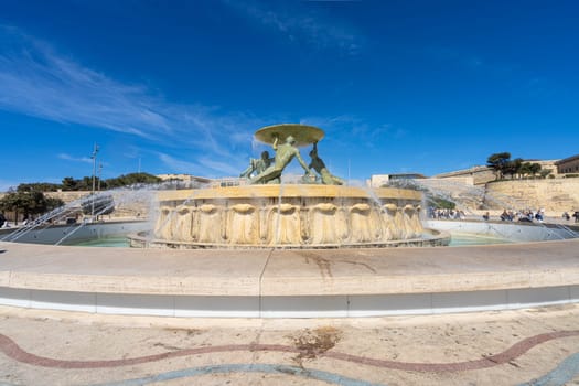 Valletta, Malta, April 03, 2024. the fountain of the tritons in the historic center of the city