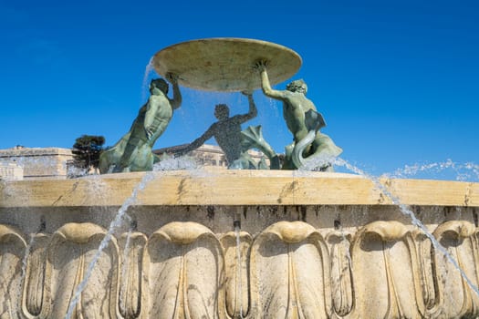 Valletta, Malta, April 03, 2024. the fountain of the tritons in the historic center of the city