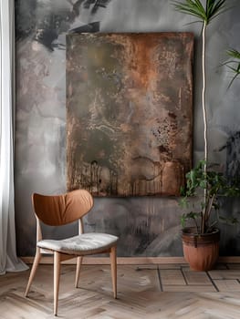 A chair made of hardwood furniture sits in front of a large painting on the wall, with a flowerpot containing a houseplant next to it. The room has wooden flooring in a building