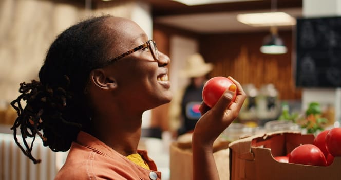 African american buyer enjoying fresh aroma of tomatoes at store, smelling freshly harvested produce placed in crates at neighborhood supermarket. Woman supporting local farming. Camera 2.
