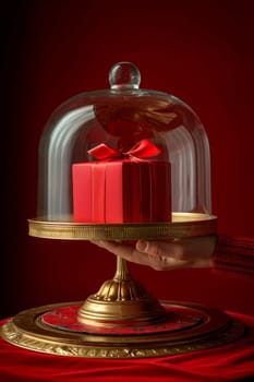 A person is holding a red box in a glass dome. Concept of warmth and celebration, as the person is holding the box with care and attention