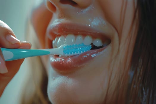 A woman is brushing her teeth with a blue toothbrush. She has a smile on her face, indicating that she is happy and content