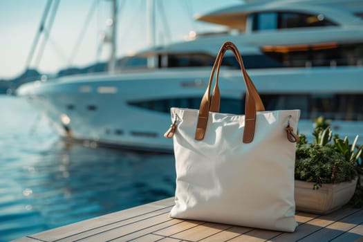 A white purse is sitting on a table next to a boat. The purse is made of leather and has a brown strap. The scene is set on a sunny day, with the boat in the background and the purse on the table