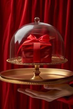 A person is holding a red box in a glass dome. Concept of warmth and celebration, as the person is holding the box with care and attention