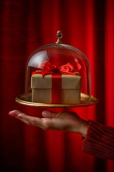 A person is holding a red box in a glass dome. Concept of warmth and celebration, as the person is holding the box with care and attention