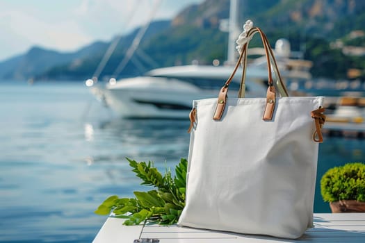 A white purse is sitting on a table next to a boat. The purse is made of leather and has a brown strap. The scene is set on a sunny day, with the boat in the background and the purse on the table