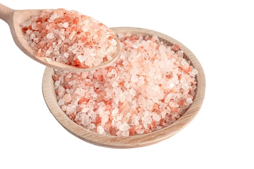 Pink Himalayan salt in wooden bowl and spoon isolated on white background.