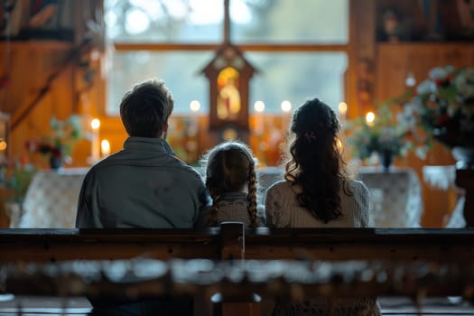 A family of three sits in a church pew. The woman is wearing a floral dress and the man is wearing a white shirt