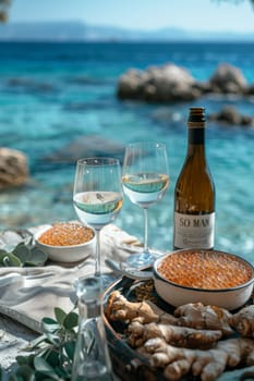 Two wine glasses filled with sparkling wine on a dark background. The wine glasses are placed close to each other, and the wine inside them is bubbly and effervescent