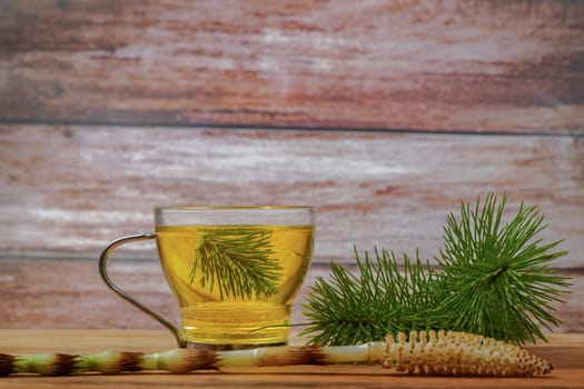 infusion of medicinal plant, horsetail Equisetum arvense with fresh branches for health care on a wooden table