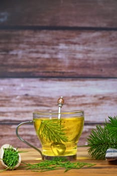 infusion of horsetail Equisetum arvense, medicinal plant for health care with fresh branches just picked from the field.