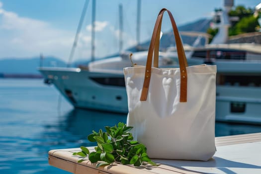 A white purse is sitting on a table next to a boat. The purse is made of leather and has a brown strap. The scene is set on a sunny day, with the boat in the background and the purse on the table