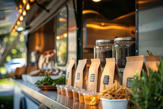 A food truck with a variety of food and drinks on display. The food truck is set up in a sunny outdoor setting