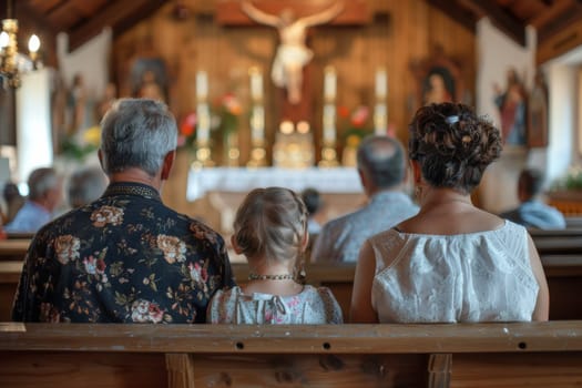 A family of three sits in a church pew. The woman is wearing a floral dress and the man is wearing a white shirt