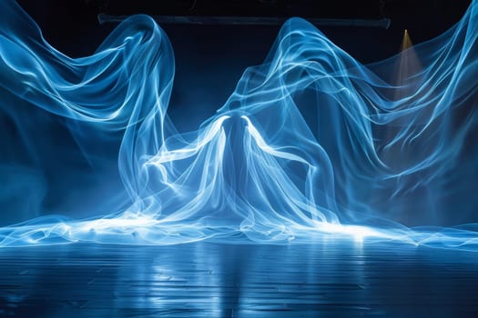 A blue wave of light is projected onto a dark background. Concept of movement and energy, as if the light is flowing through the air. The blue color of the wave adds a calming