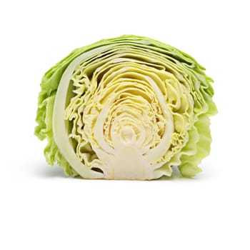 Organic, cabbage and studio in white background for cooking, meal and prep in healthy diet for wellness. Green, fresh and vegetables in food for salad, nutrition and vegan for kitchen in backdrop.