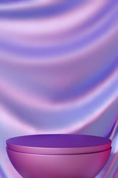Holographic podium against draped satin background, ideal for showcasing cosmetics or jewelry in elegant marketing visuals and displays. Vertical mock up. Copy space for product. Color gradient. 3D
