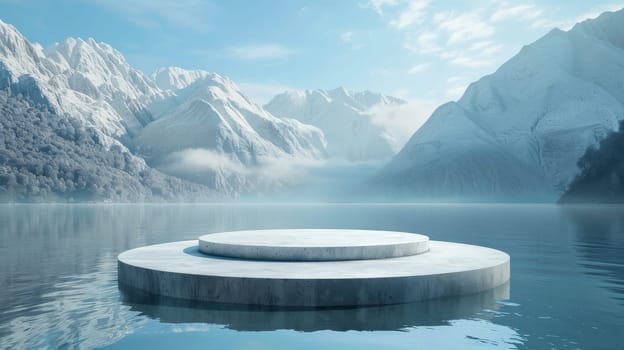 A large, round, white object sits on a body of water. The water is calm and clear, and the sky is cloudy. Concept of tranquility and peacefulness