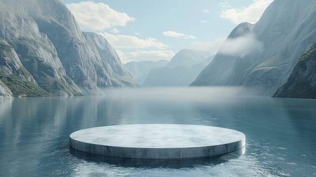 A large, round, white object sits on a body of water. The water is calm and clear, and the sky is cloudy. Concept of tranquility and peacefulness