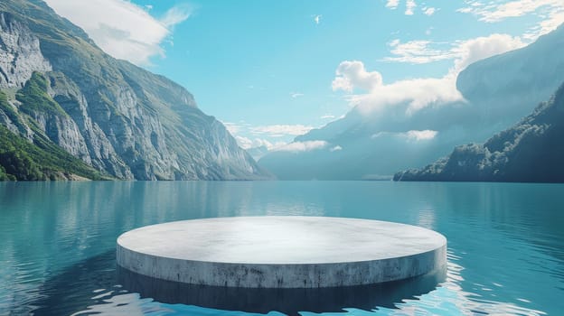 A large, round, white object sits on a body of water. The water is calm and clear, and the sky is cloudy. Concept of tranquility and peacefulness