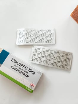 DONEGAL, IRELAND - SEPTEMBER 27 2023: Antidepressive Escitalopro 10mg laying on a table