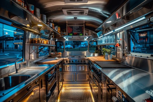 A large silver food truck with a kitchen inside. The kitchen is well-equipped with a stove, oven, and sink. The truck is parked on a street with a few cars in the background