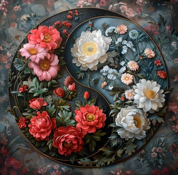 A painting depicting flowers arranged in the shape of a yin yang symbol, showcasing a beautiful blend of colors and petals