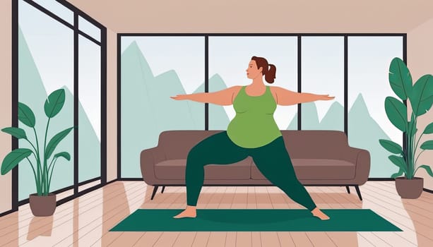 Large woman, yoga practice near sofa, leggings and top attire. Bright room, large window, floor-standing flower