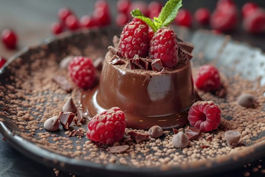 A delightful chocolate dessert featuring boysenberries and chocolate chips, served on a plate. This baked goods dish combines natural foods and rich ingredients