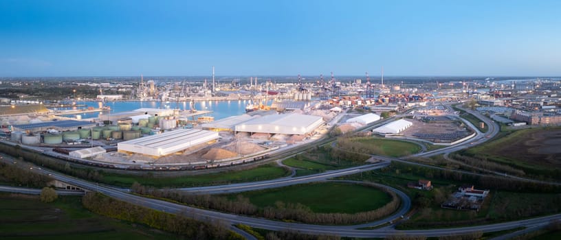 Aerial view of the industrial and port area of Ravenna ,chemical and petrochemical pole,thermoelectric,metallurgical plants and hydrocarbon refinery and liquefied natural gas tanks