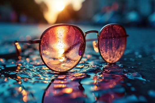 Sunglasses with drops of water on the lenses lie on the wet asphalt. Abstract summer background.