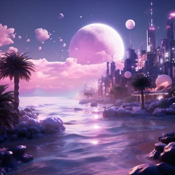 Sea Sunset in Magical World. Island with Fairy Castle and Palm Trees. Video Game's Digital CG Artwork, Concept Illustration in Pink Colors.