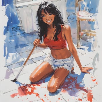 A woman with long black hair smiles as she kneels on the floor, holding a brush. Her graceful body showcases her waist, thighs, and abdomen in a leisurely pose