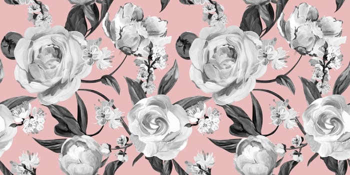 Botanical seamless pattern with peonies and sakura branches drawn in gouache for textile and design