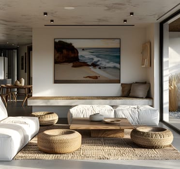 A living room in a house with hardwood flooring, featuring a comfortable couch, a wooden table, and a rectangular painting on the wall