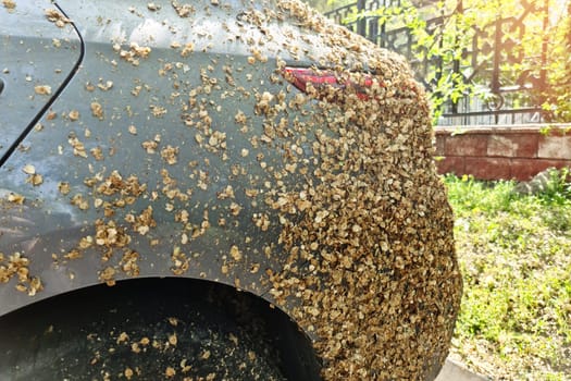 A very dirty car parked by the side of the road.